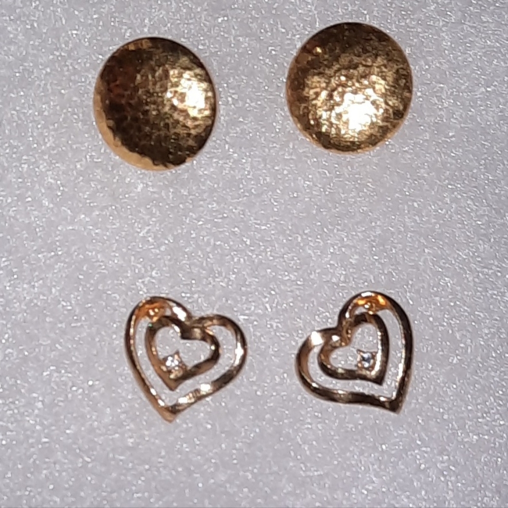 Monet goldtone pierced earrings and goldtone open heart earrings with cz